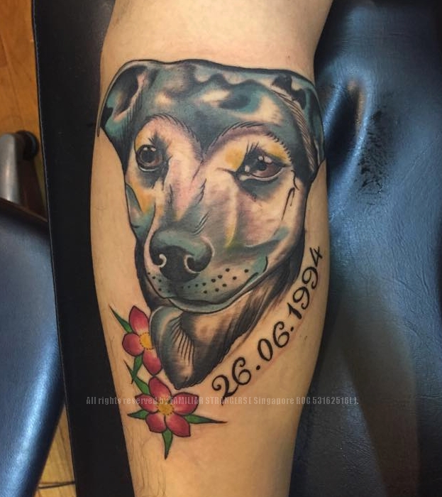 Pop Art Dog Portrait Tattoo by FAMILIAR STRANGERS Tattoo Studio, Singapore.